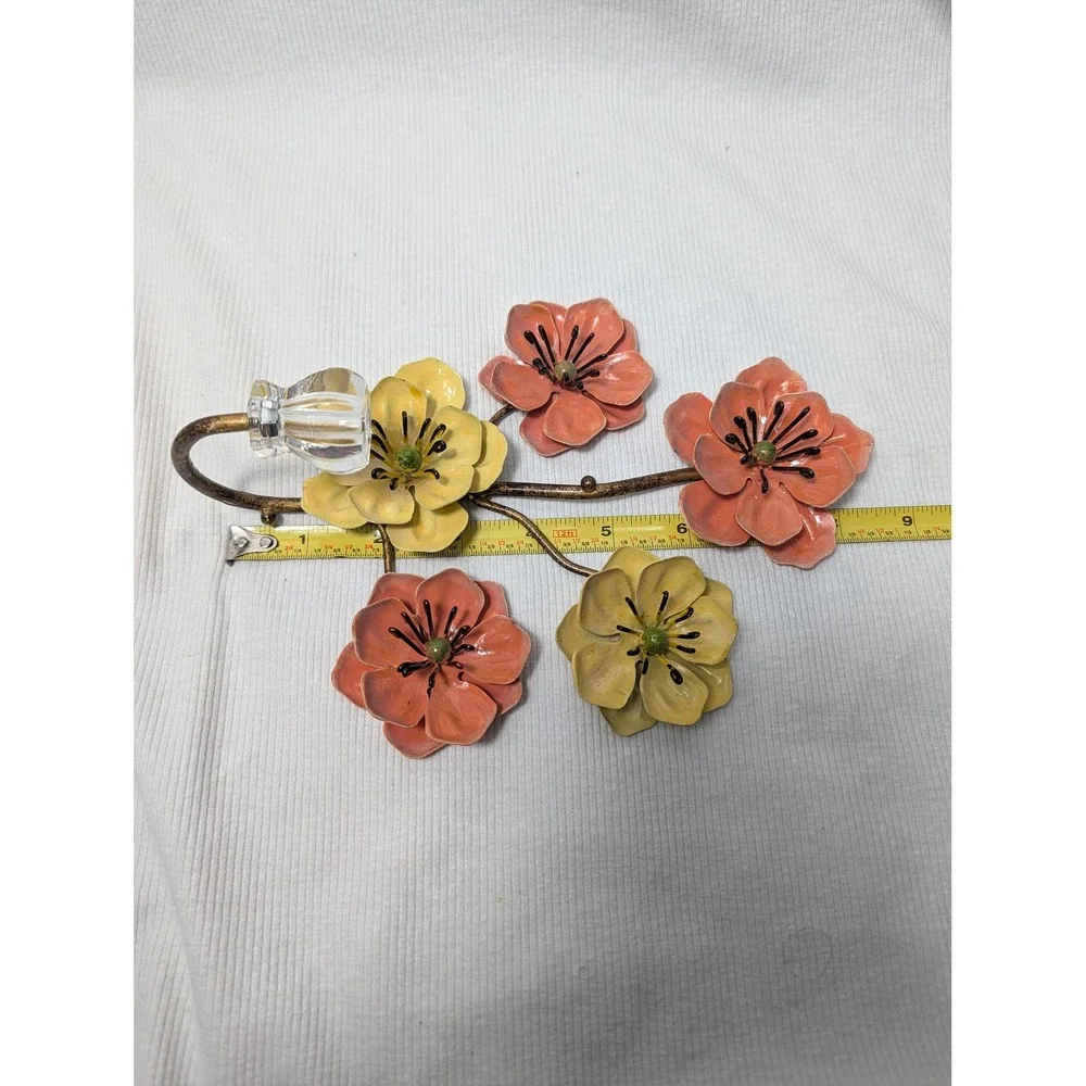 Vintage Metal Floral Wall Hooks Set of 2 Flower Branch Crystal Knob Tiebacks